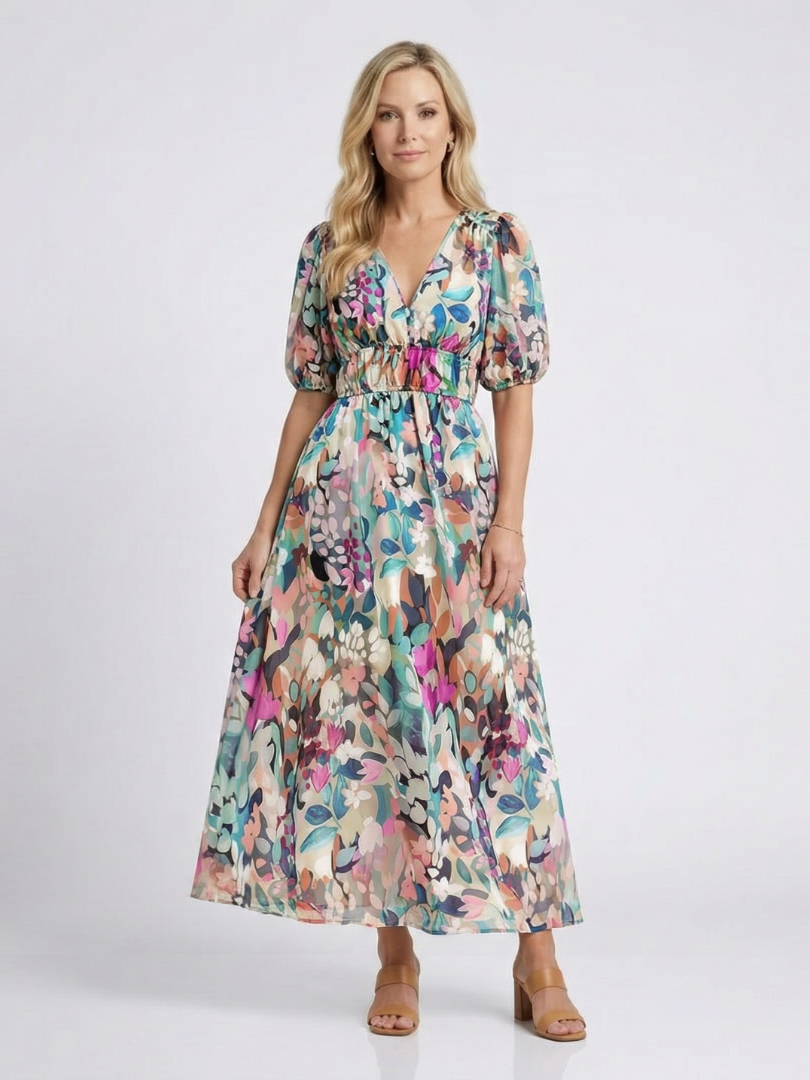 Eulalie | Robe Midi à Manches Courtes et Taille Rassemblée en V