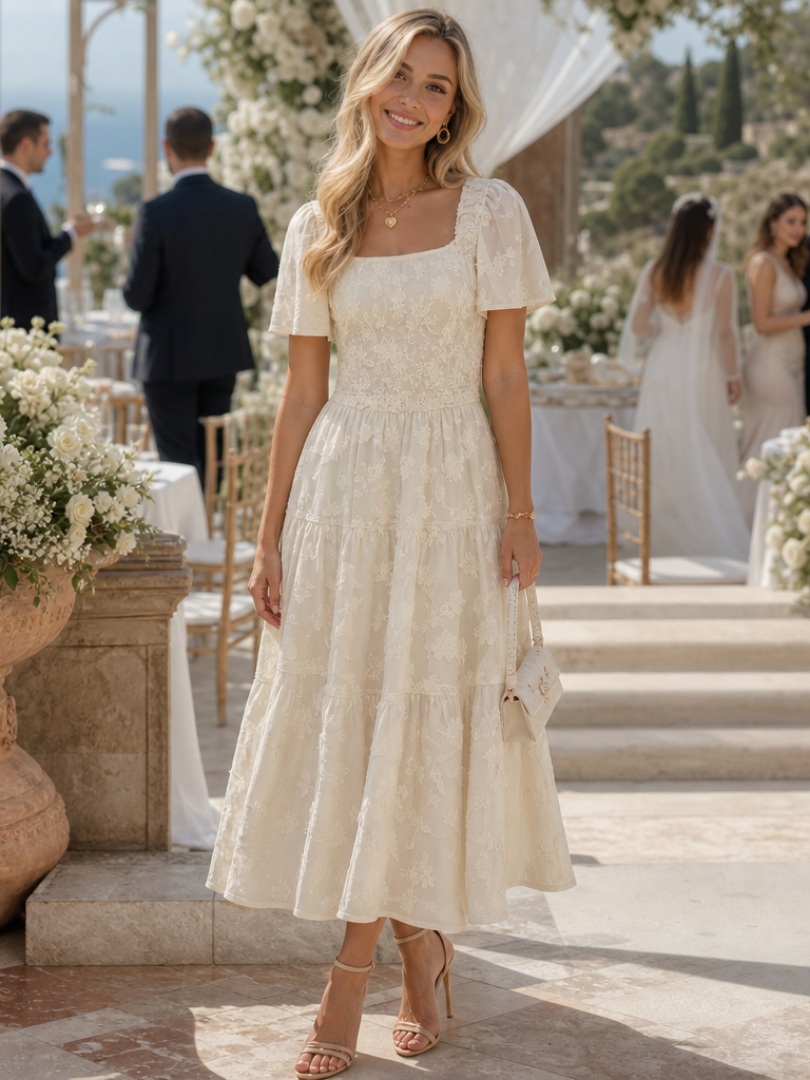 Elaria | Robe Midi à Détails Floraux Texturés à Manches Courtes