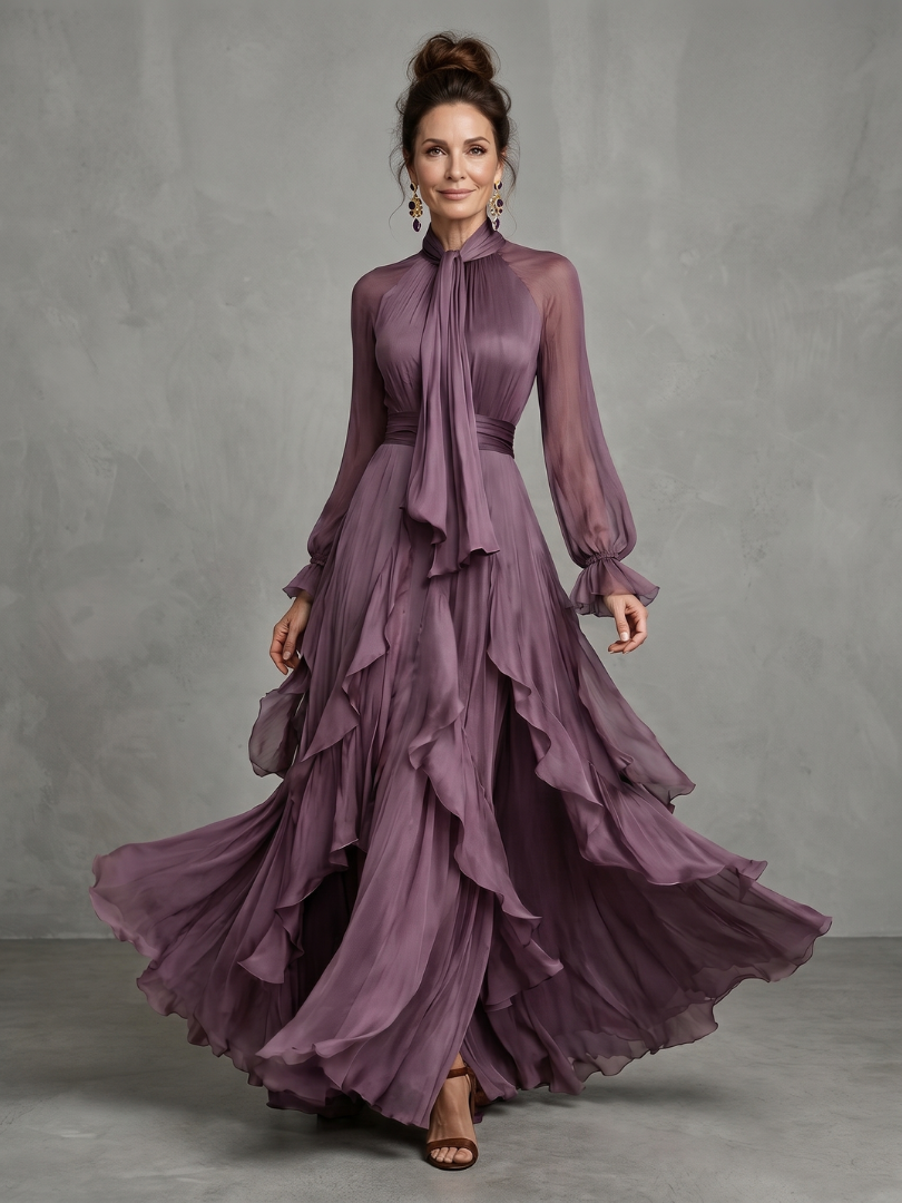 Demetria | Robe Maxi à Volants avec Nœud au Cou