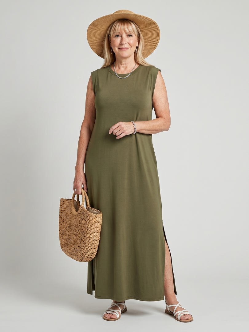 Harlow | Robe Midi à Silhouette Droite et Col Ras du Cou