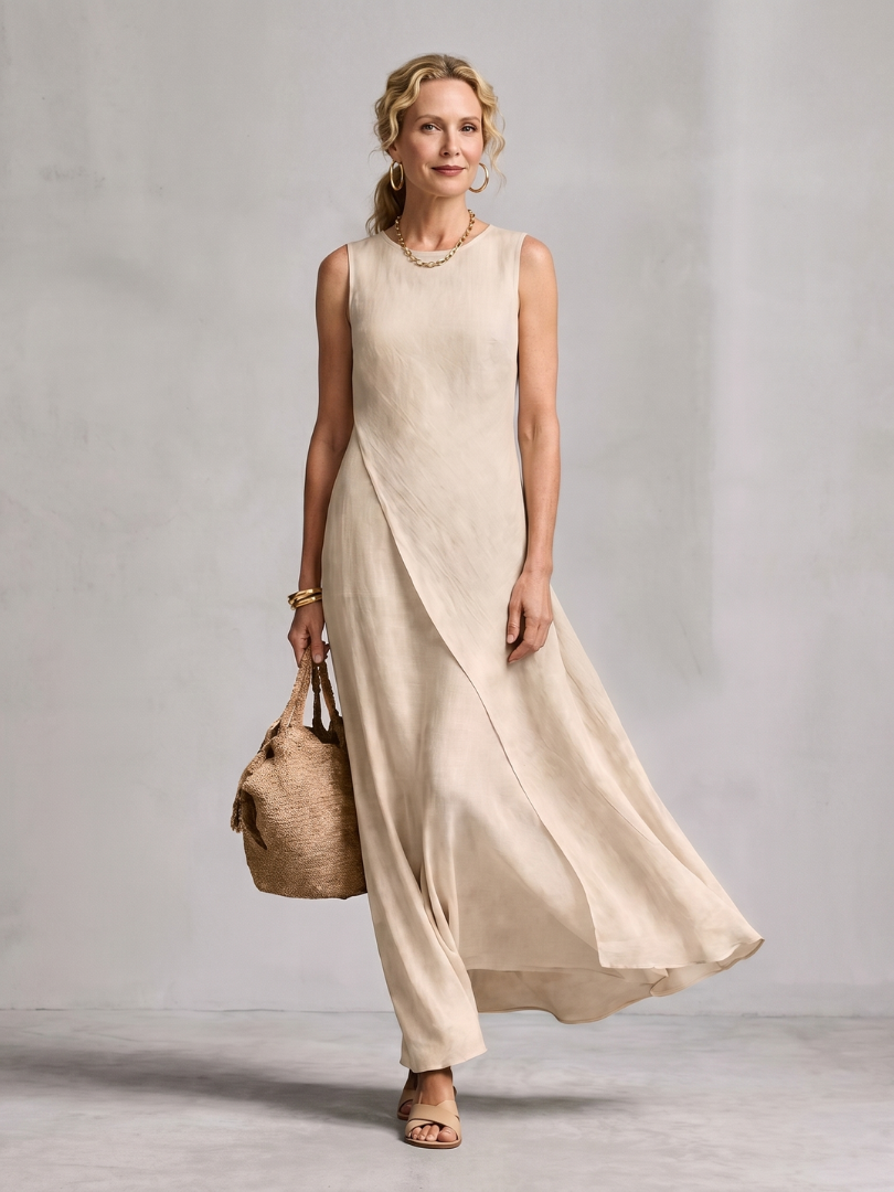 Hortensia | Robe Maxi à Encolure Ronde Asymétrique et Superposée