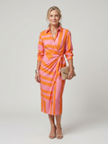 Leya | Robe midi à manches longues et col, motif rayé