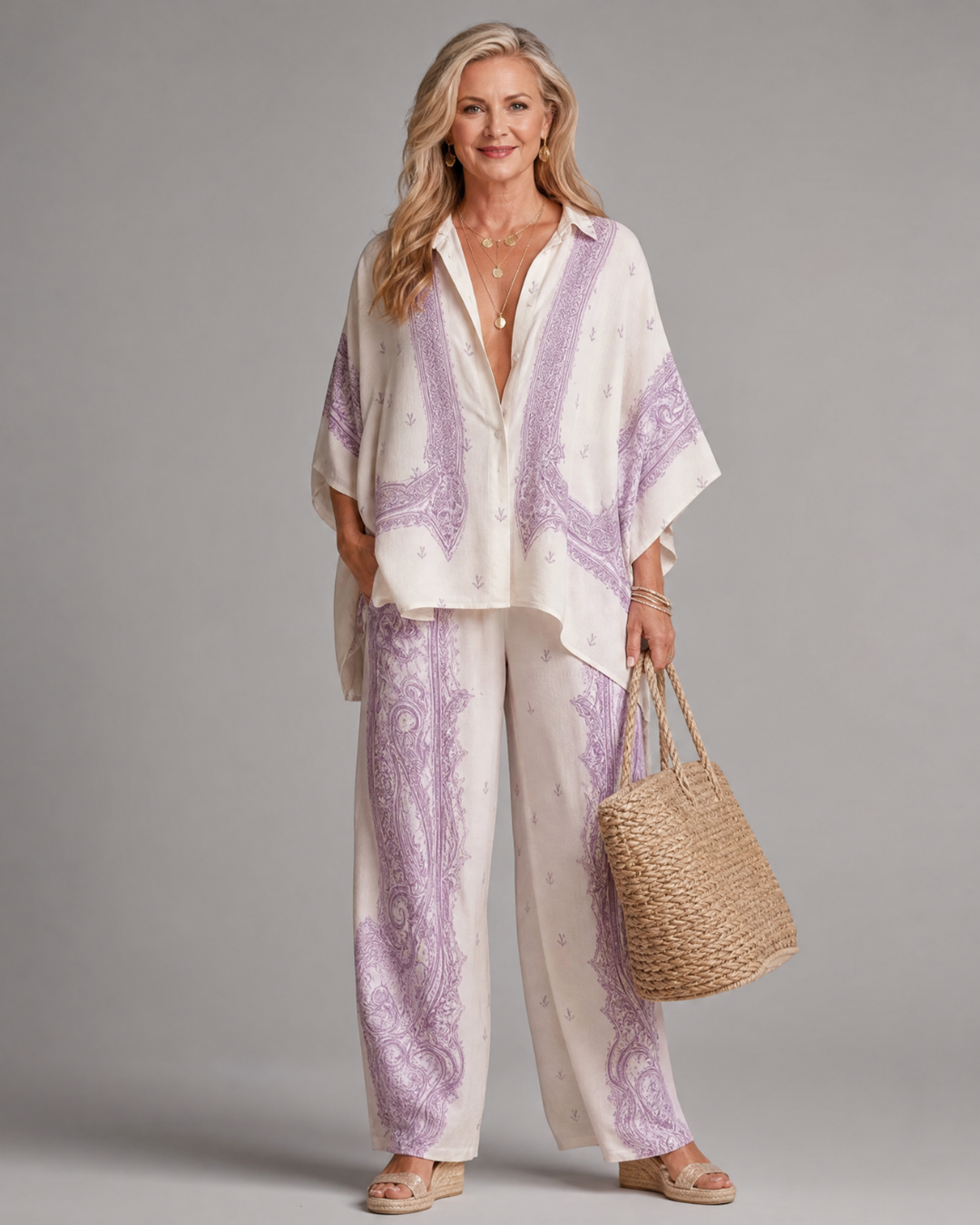 Sodaya | Chemise oversize à imprimé doux et ensemble de pantalons à jambes larges