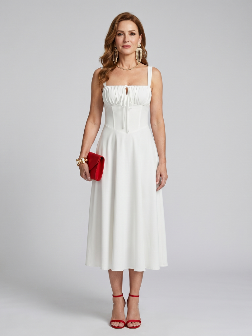 Zenobia | Robe Midi à Bretelles Spaghetti avec Corps Froncé