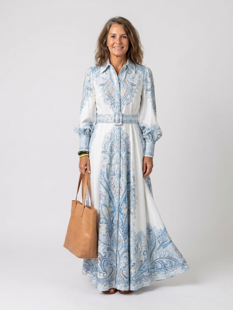 Sierra | Robe Maxi Imprimée à Col Montant et Manches Longues