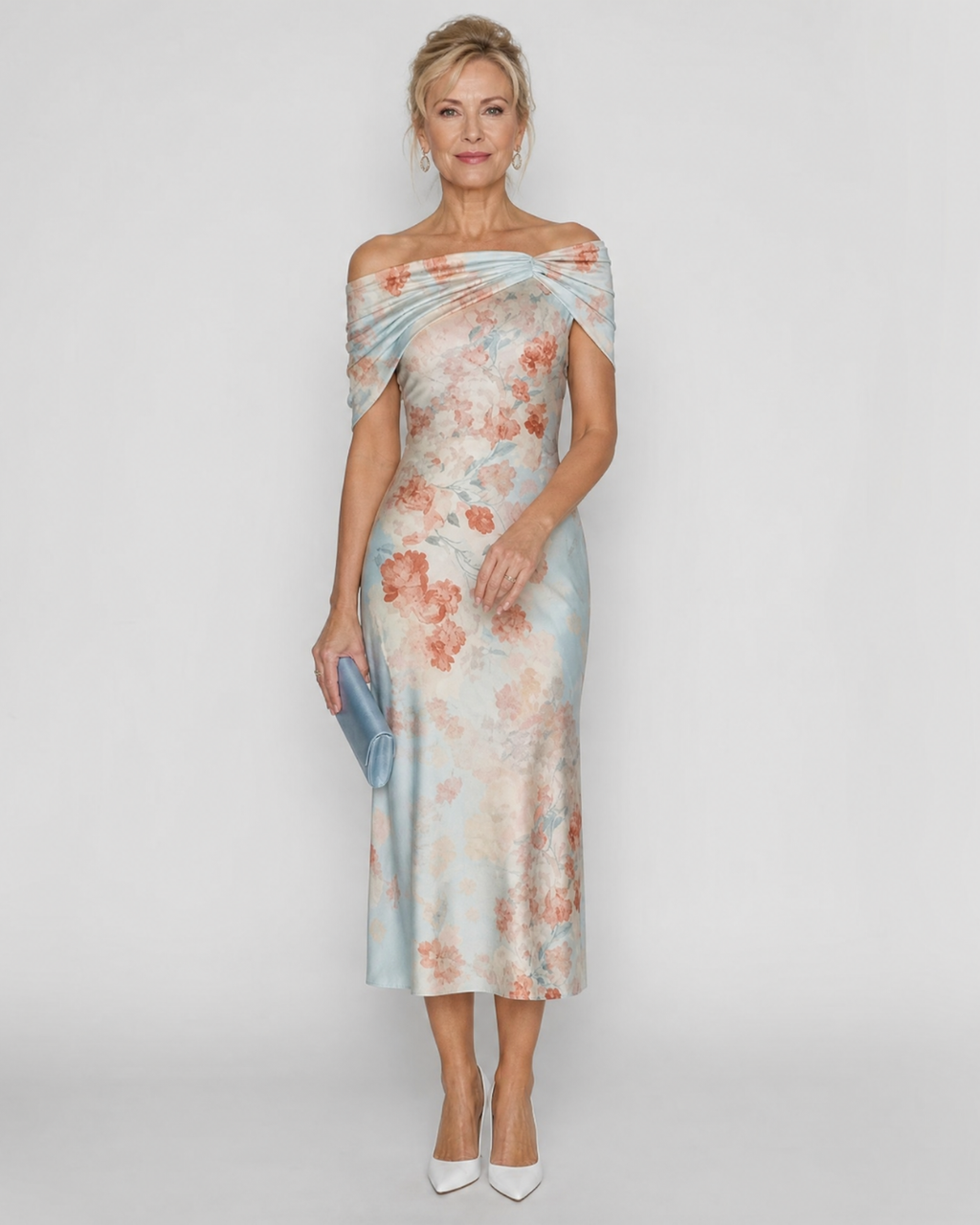 Imore | Robe Midi Ajustée à Fleurs Douces et Épaules Dégagées