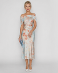 Imore | Robe Midi Ajustée à Fleurs Douces et Épaules Dégagées