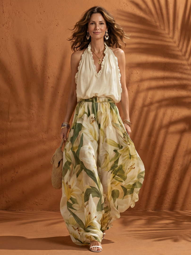 Solange | Ensemble Blouse à Col Halter et Pantalon Large Floral