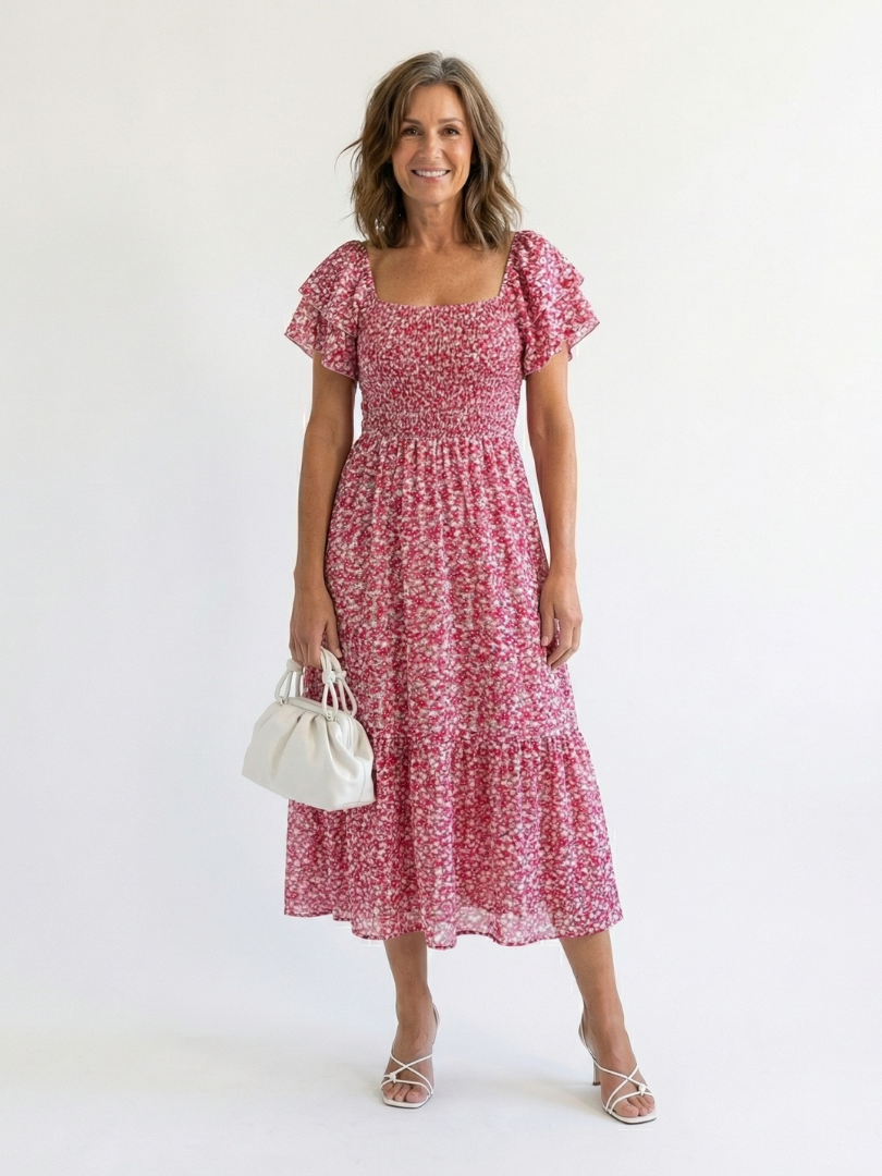 Odette | Robe Midi Smockée à Fleurs à Épaules Dénudées