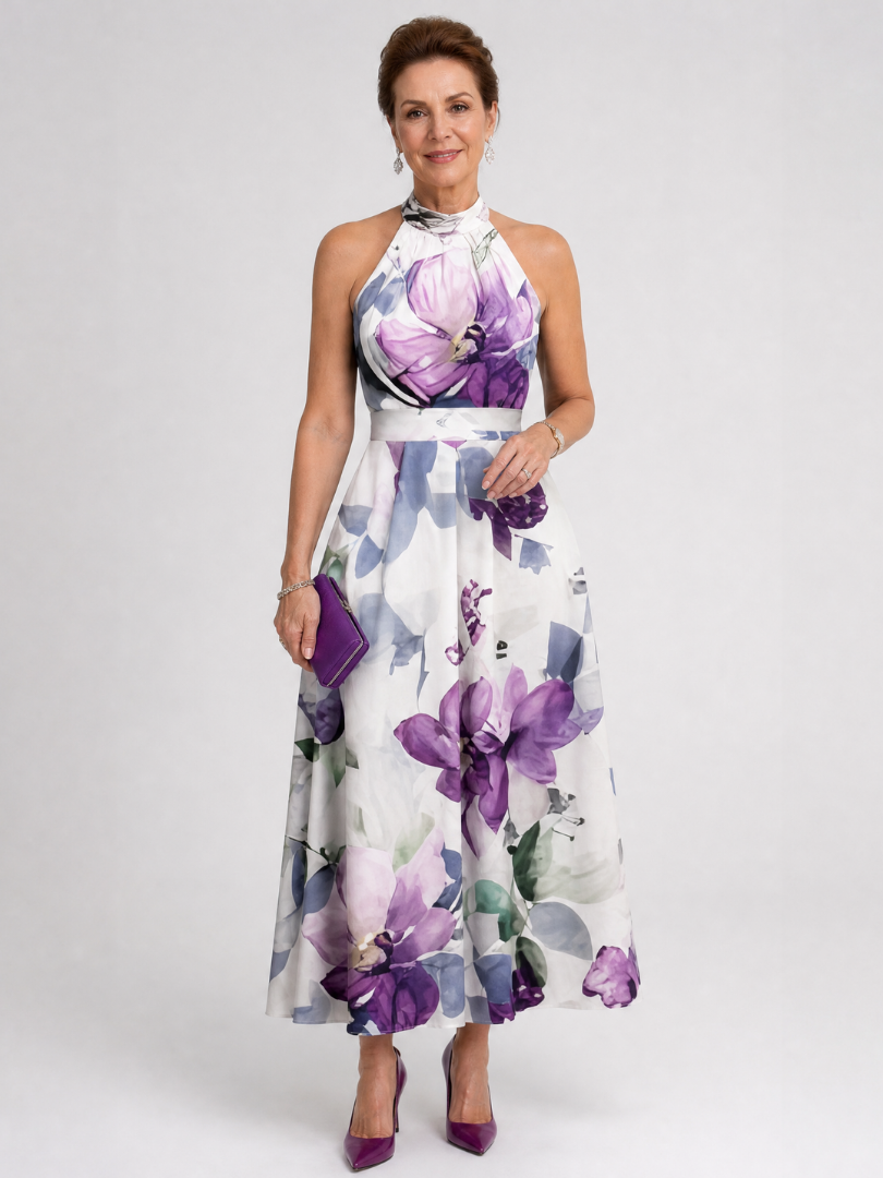 Omego | Robe Midi Fluide à Col Halter avec Motif Floral Aquarelle