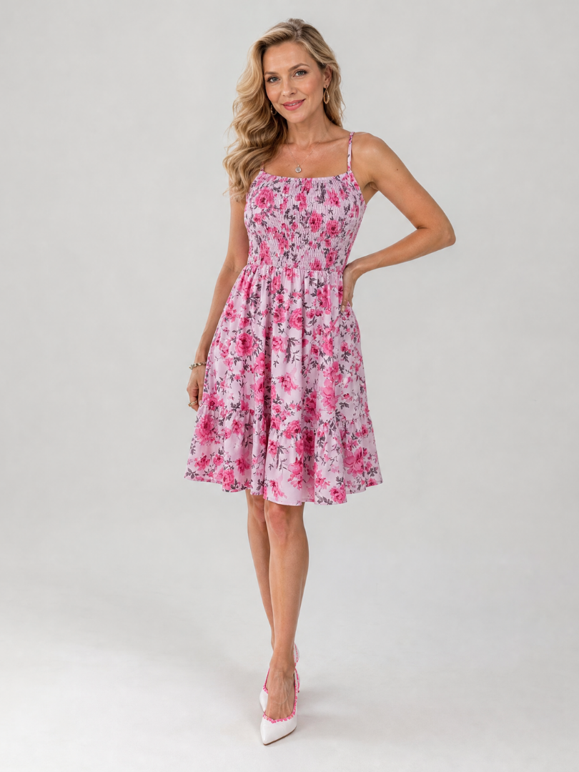 Rosabelle | Robe à bretelles spaghetti avec imprimé floral, longueur genou