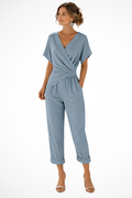 Combinaison Longue Femme avec Décolleté Croisé, Manches Courtes et Pantalon Cropped avec Poches