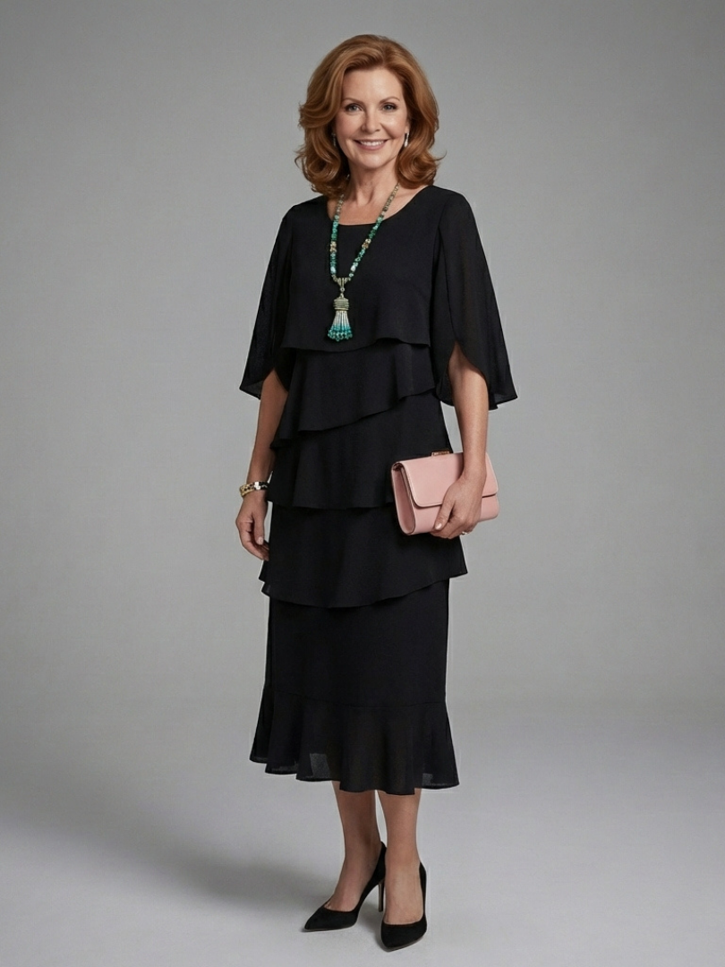 Maelis | Robe Midi à Manches Cape Superposées