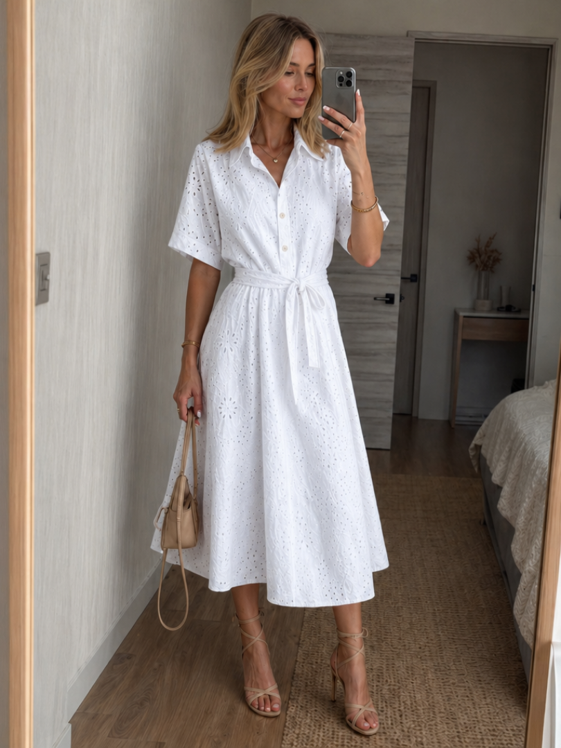 Eden | Robe Midi à Manches Courtes avec Boutons et Ceinture à la Taille