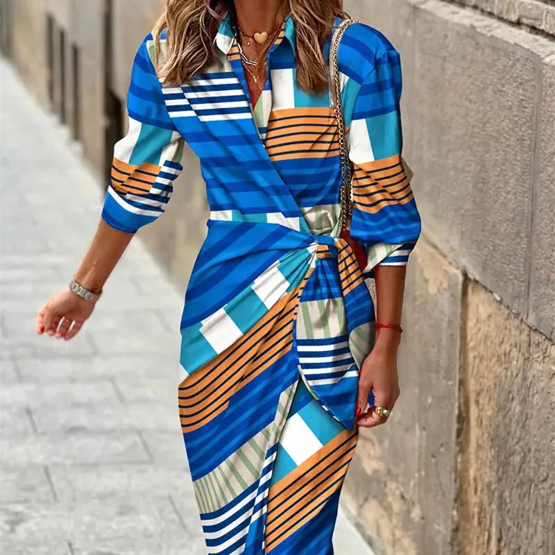 Robe Midi Croisée pour Femme avec Imprimé Géométrique et Manches Trois Quarts