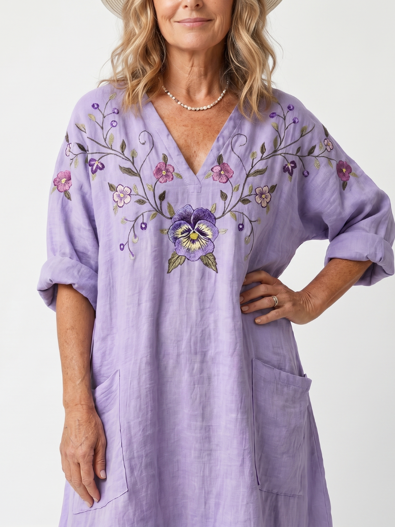 Tavi | Robe Midi Oversize à Poches Brodées de Fleurs