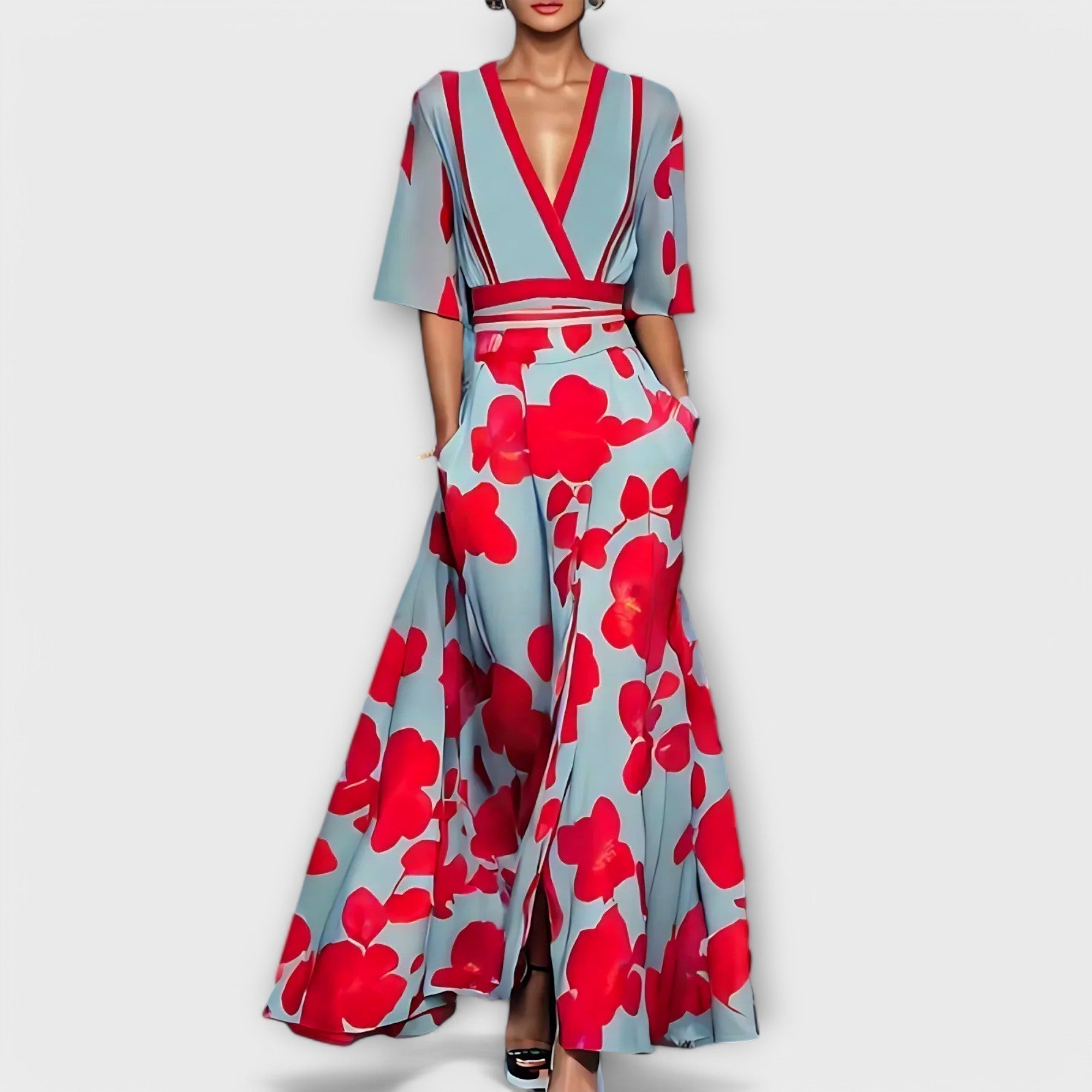 Robe Longue Femme avec Imprimé Floral et Décolleté en V