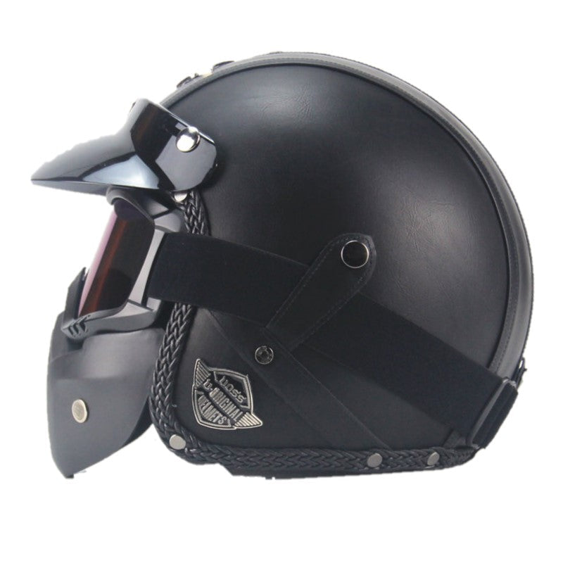 Casque de Moto Vintage en PU Cuir Biker avec Visage Masque Lunettes