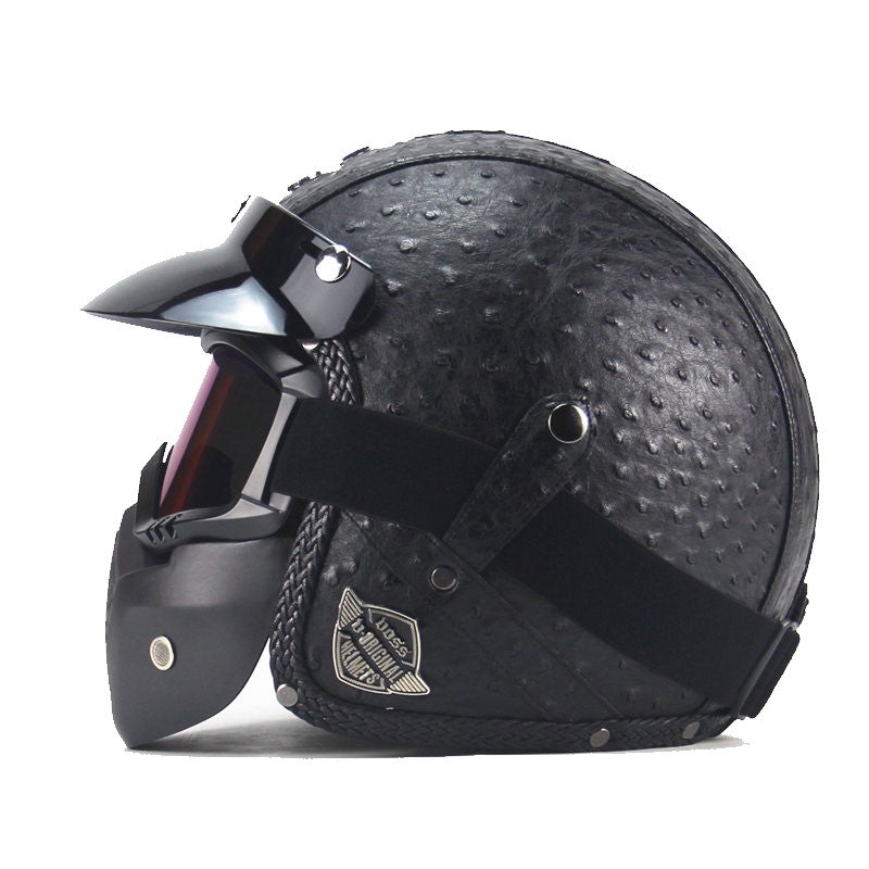 Casque de Moto Vintage en PU Cuir Biker avec Visage Masque Lunettes