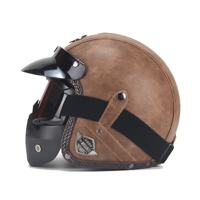 Casque de Moto Vintage en PU Cuir Biker avec Visage Masque Lunettes
