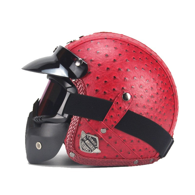 Casque de Moto Vintage en PU Cuir Biker avec Visage Masque Lunettes