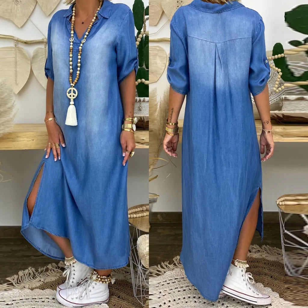 Lea™ - Robe en denim longue décontractée
