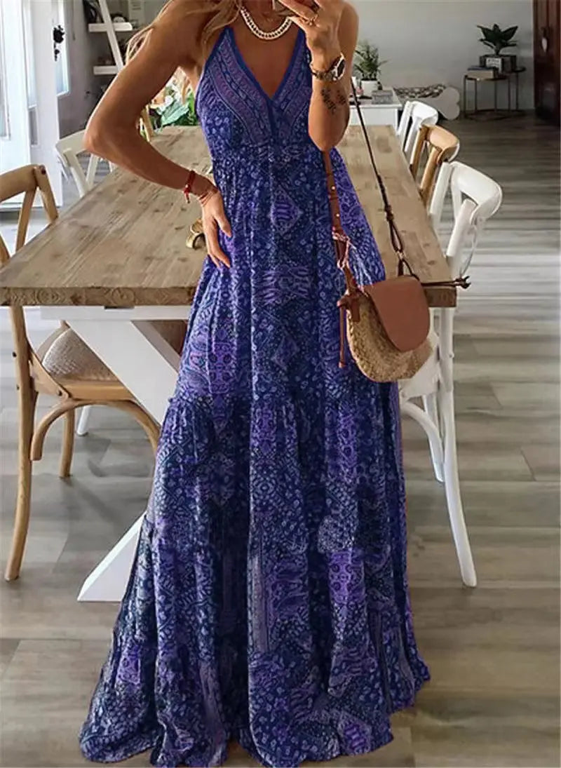 Robe fleurie imprimée de style bohème à taille haute pour femmes