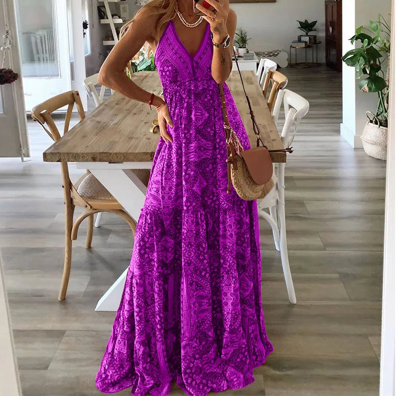 Robe fleurie imprimée de style bohème à taille haute pour femmes