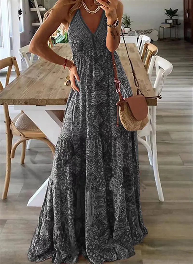 Robe fleurie imprimée de style bohème à taille haute pour femmes