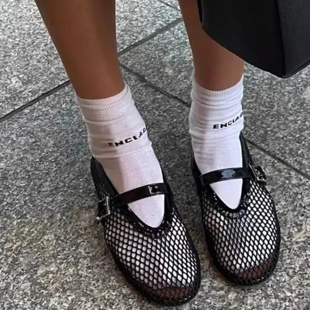 Ballerines en Maille Mary Jane pour Femme avec Clous et Sangle Ajustable