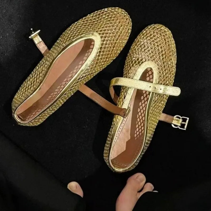 Ballerines en Maille Mary Jane pour Femme avec Clous et Sangle Ajustable