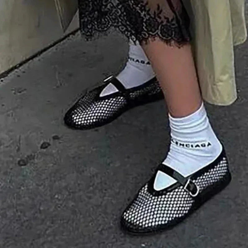 Ballerines en Maille Mary Jane pour Femme avec Clous et Sangle Ajustable