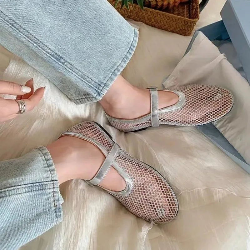 Ballerines en Maille Mary Jane pour Femme avec Clous et Sangle Ajustable