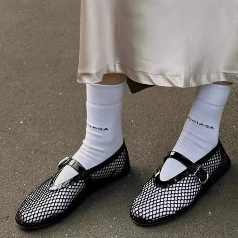 Ballerines en Maille Mary Jane pour Femme avec Clous et Sangle Ajustable