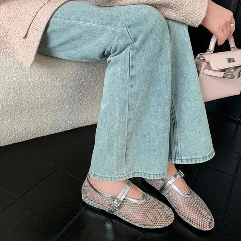 Ballerines en Maille Mary Jane pour Femme avec Clous et Sangle Ajustable