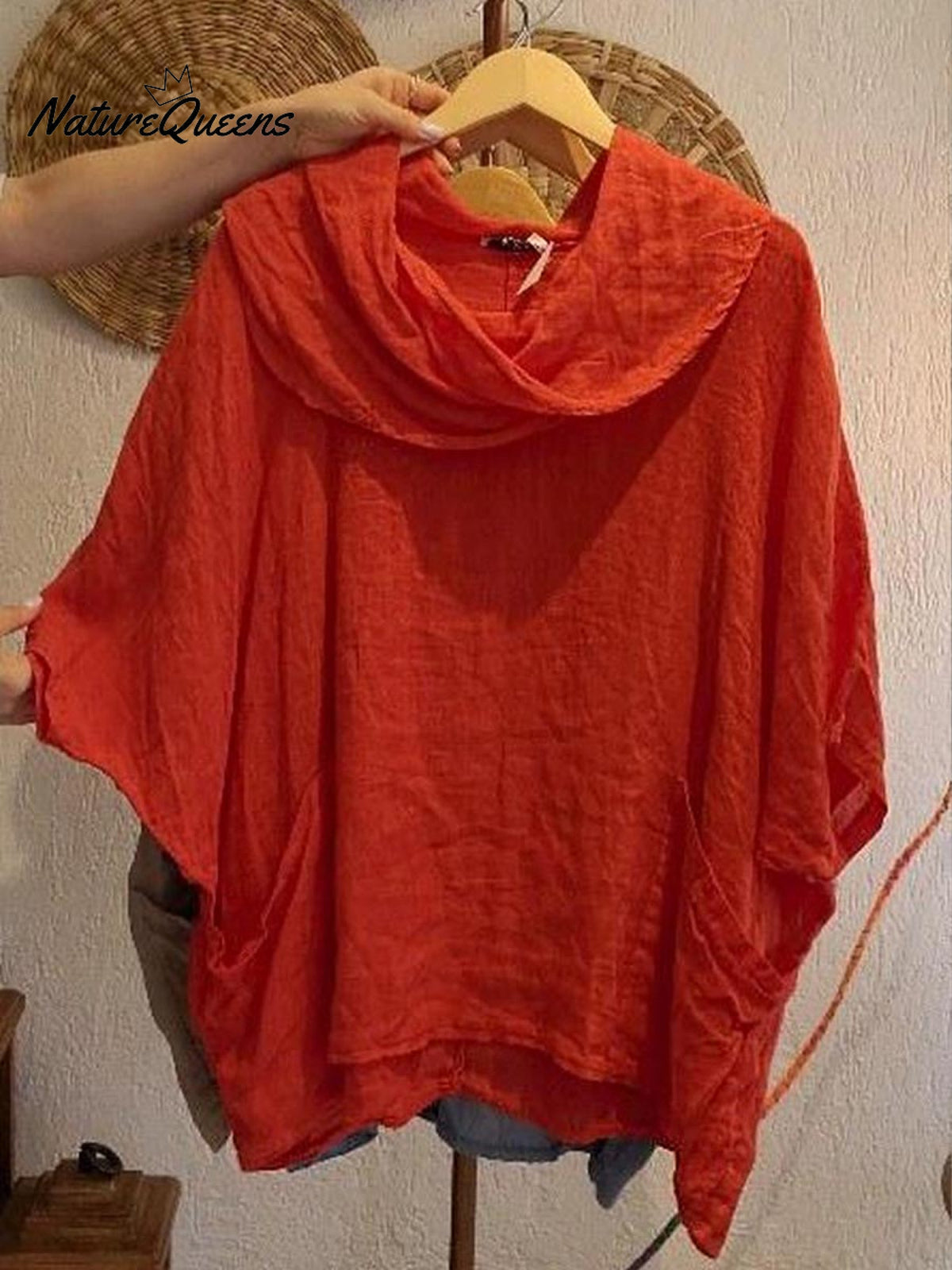 T-shirt Femme Couleur Unie Col Drapé Manches 3/4 Confortable en Lin avec Poche