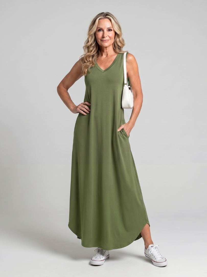 Valerie | Robe Midi Sans Manches Imprimée de Feuilles Tropicales