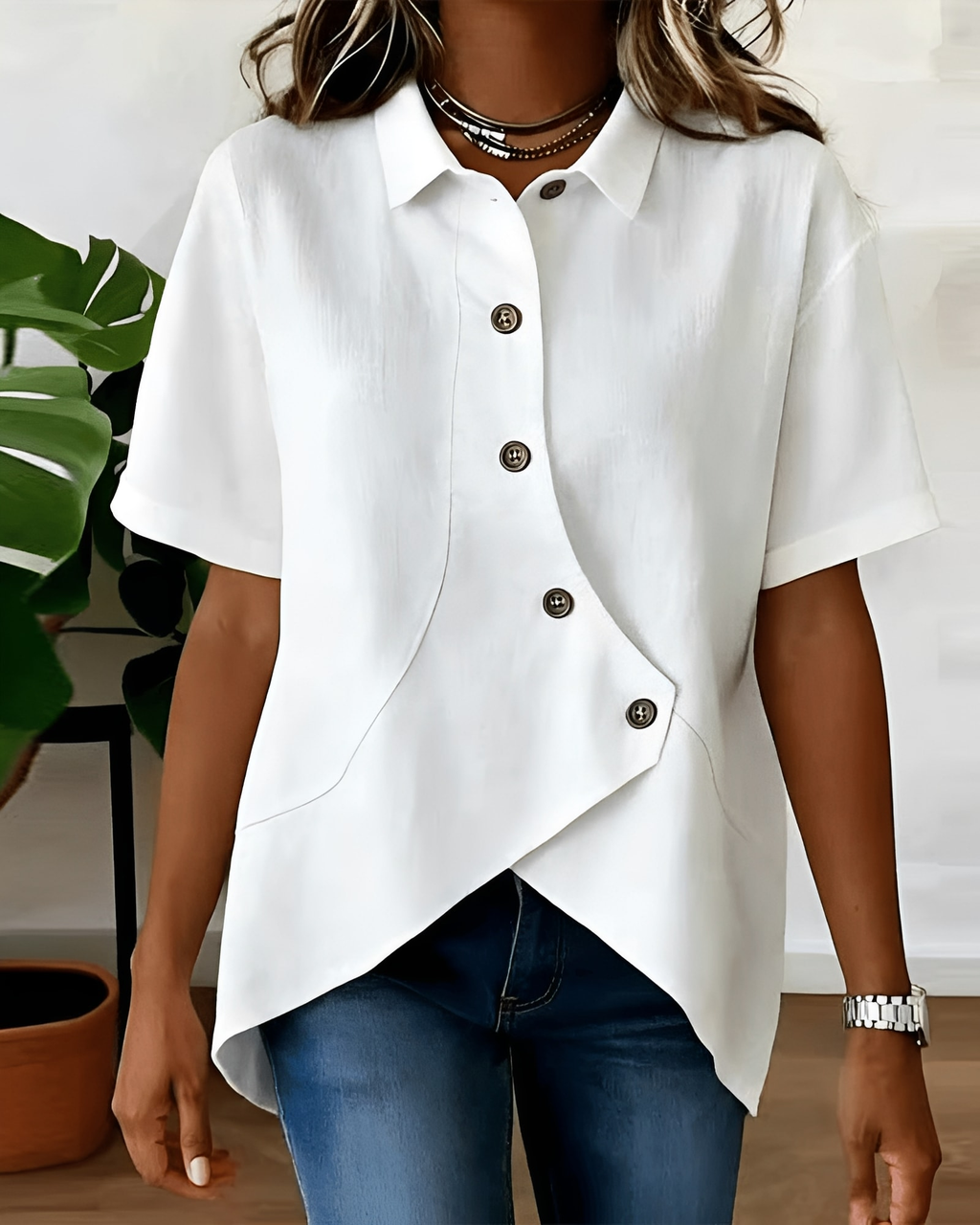 Lannexa | Chemise en mélange de lin avec patte de boutonnage asymétrique