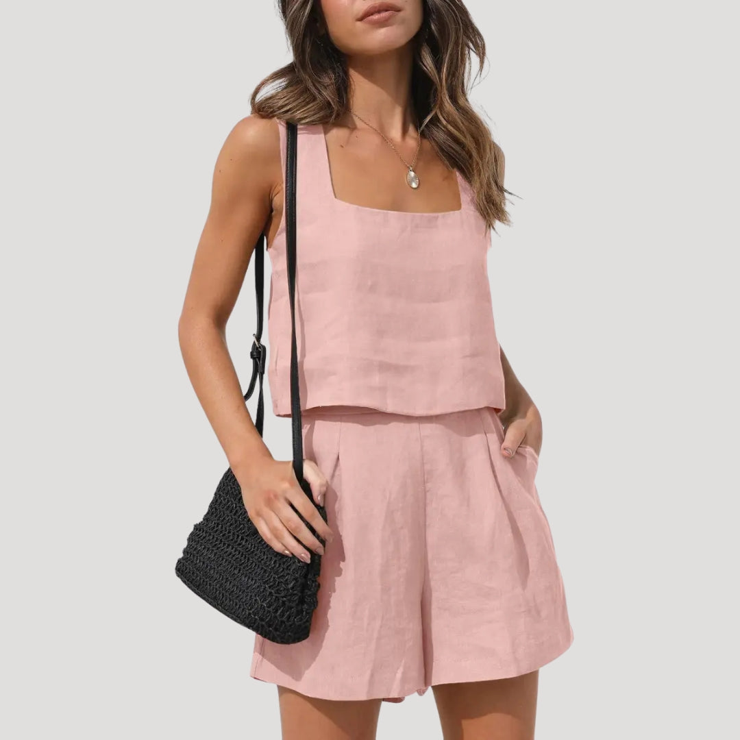Ensemble en Lin pour Femme avec Top Sans Manches et Shorts Taille Haute