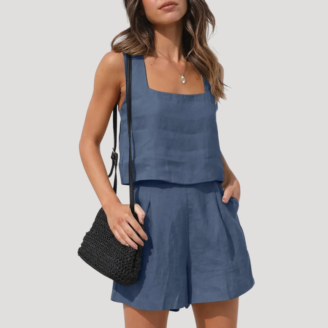 Ensemble en Lin pour Femme avec Top Sans Manches et Shorts Taille Haute