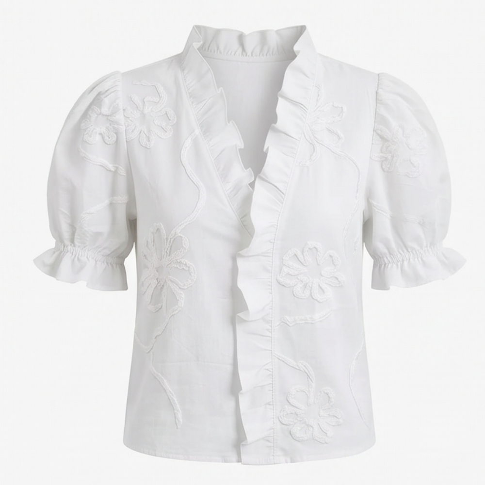 Blouse Romantique à Volants en V avec Manches Bouffantes Belvera