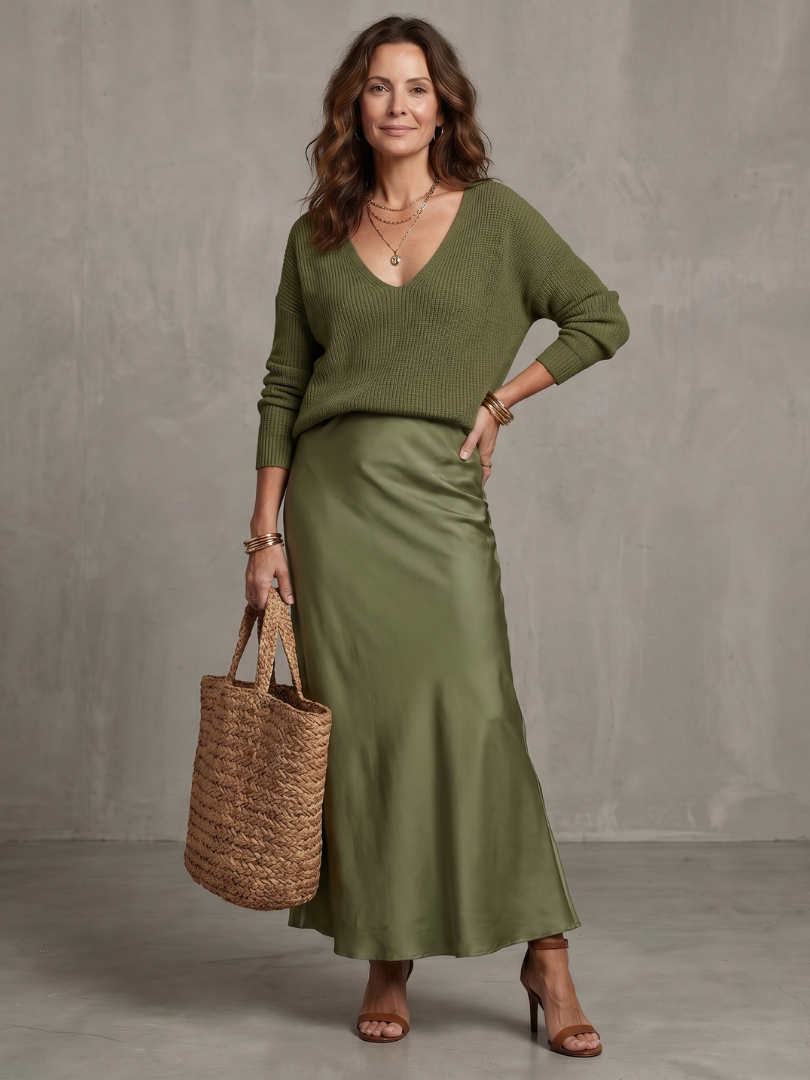 Luciana | Jupe en satin biais avec ensemble en tricot