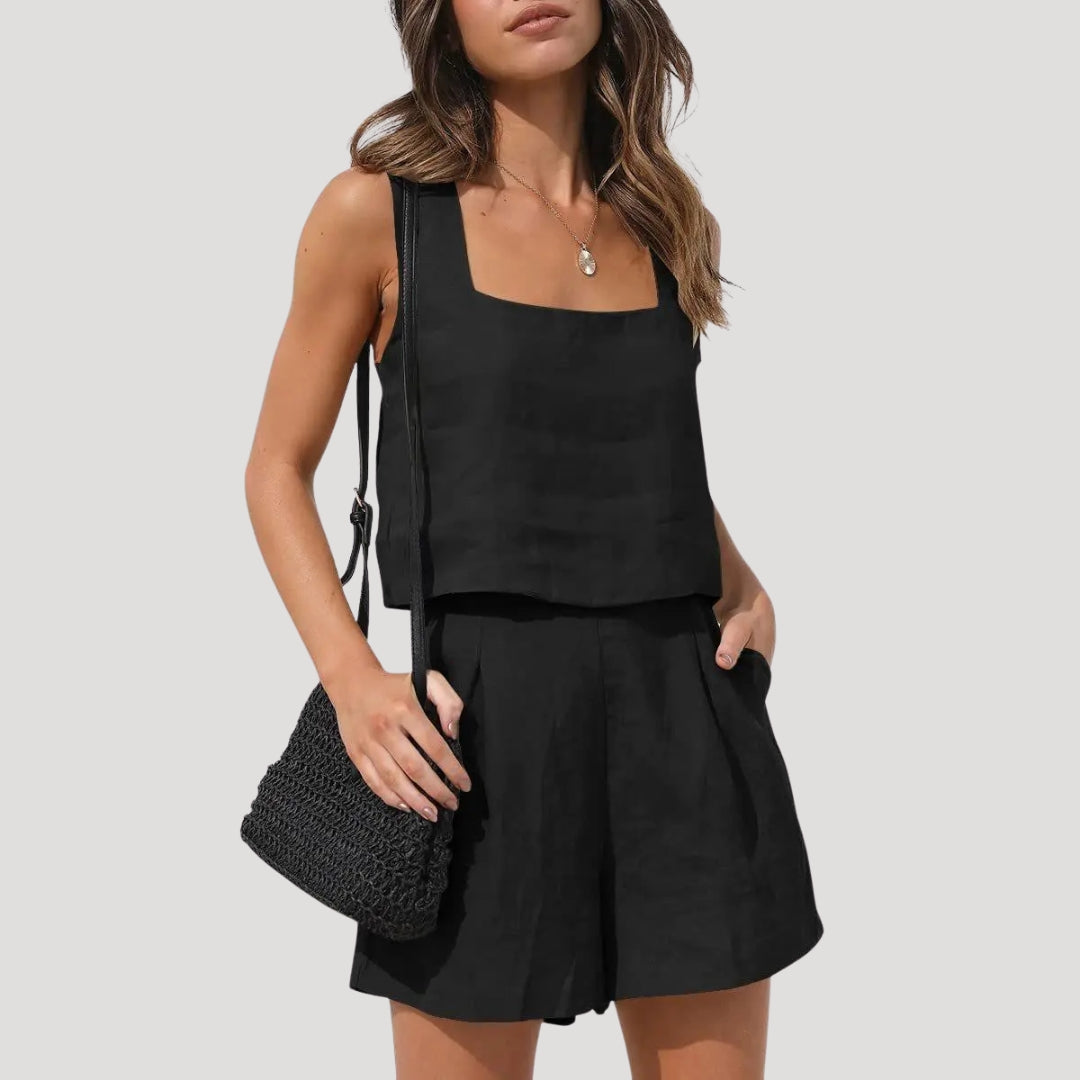 Ensemble en Lin pour Femme avec Top Sans Manches et Shorts Taille Haute