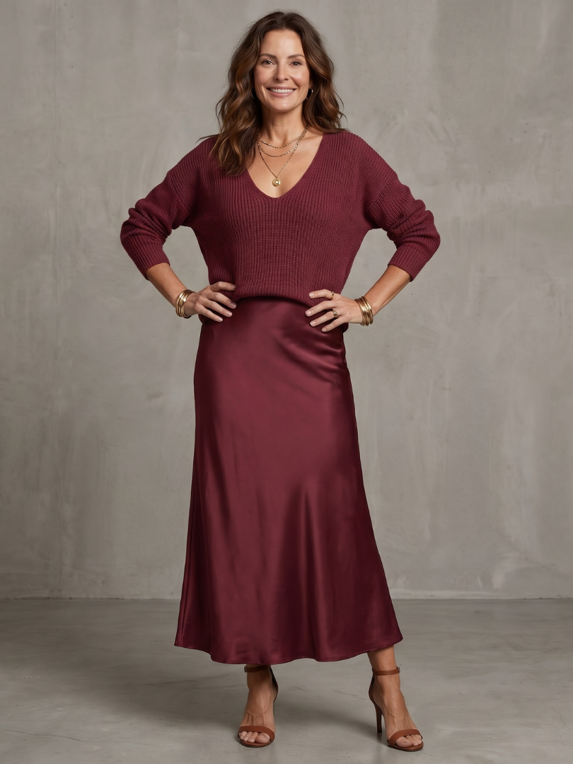 Luciana | Jupe en satin biais avec ensemble en tricot