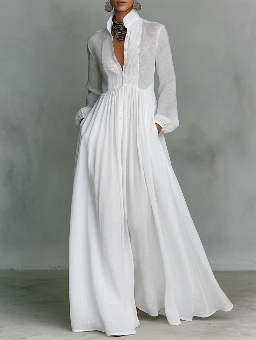 Elisa | Robe maxi en coton et lin avec patchwork, col montant et manches longues - Style minimaliste