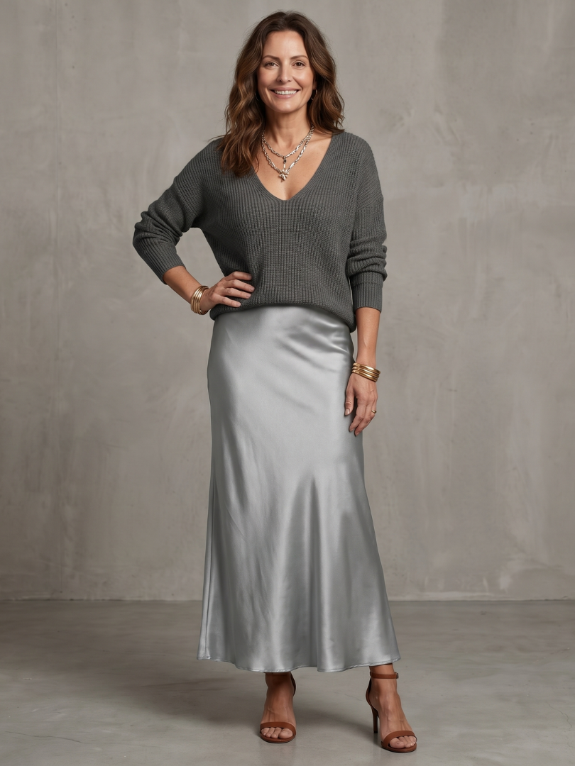 Luciana | Jupe en satin biais avec ensemble en tricot