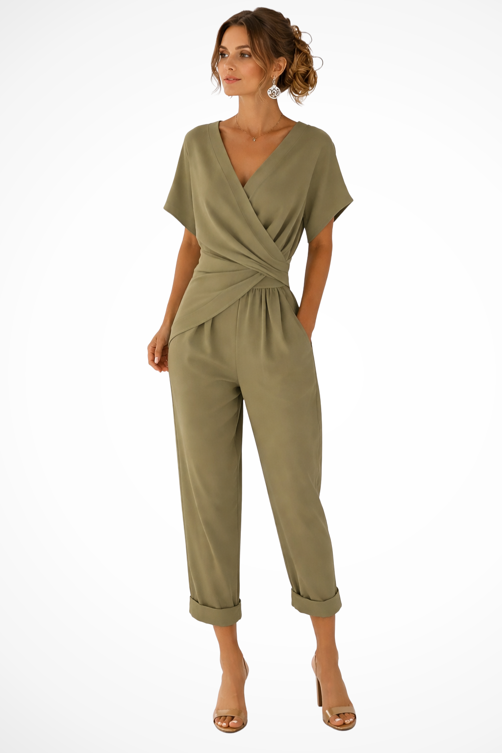 Combinaison Longue Femme avec Décolleté Croisé, Manches Courtes et Pantalon Cropped avec Poches