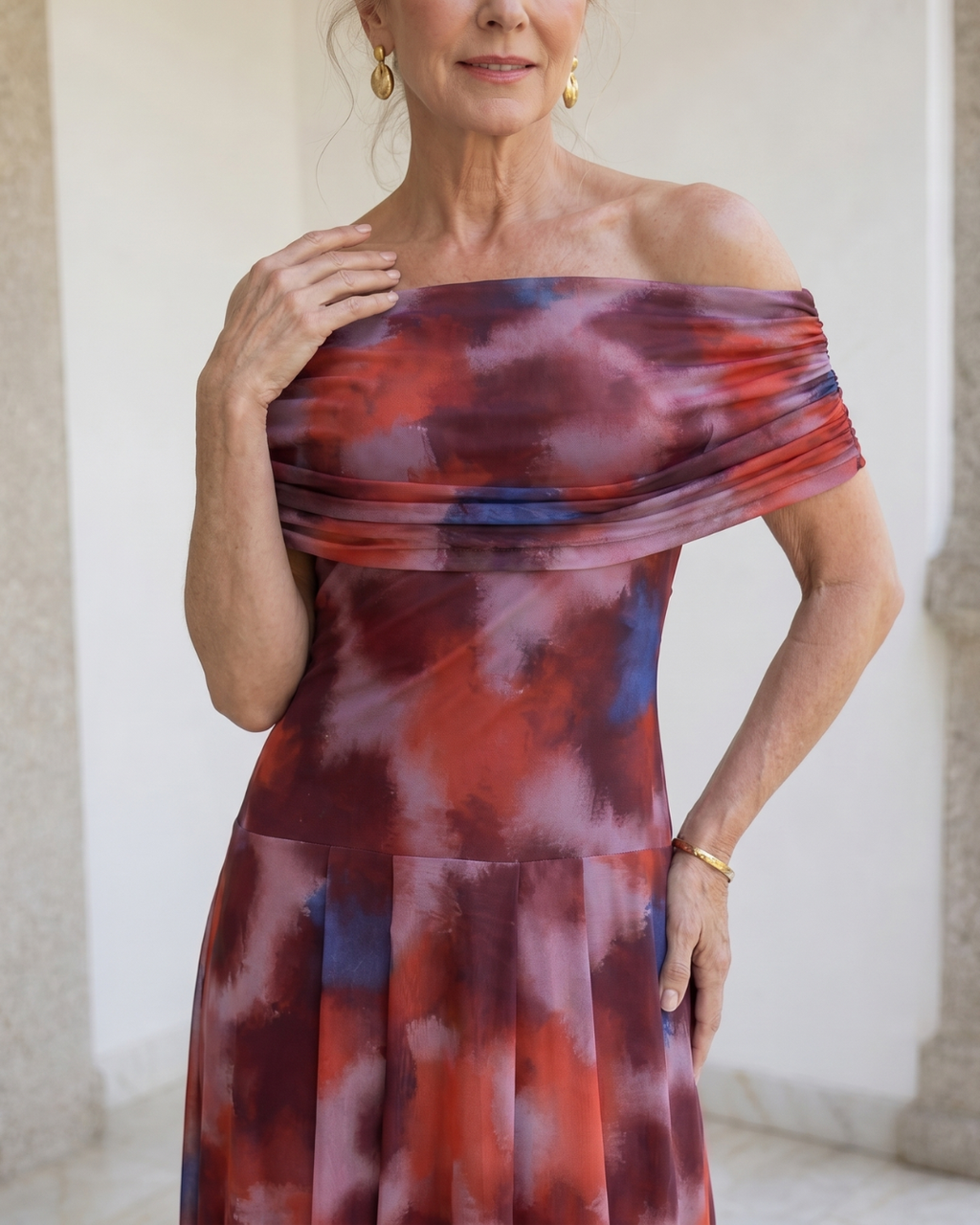Violla | Robe Midi Fluide Imprimé Aquarelle Sans Épaules