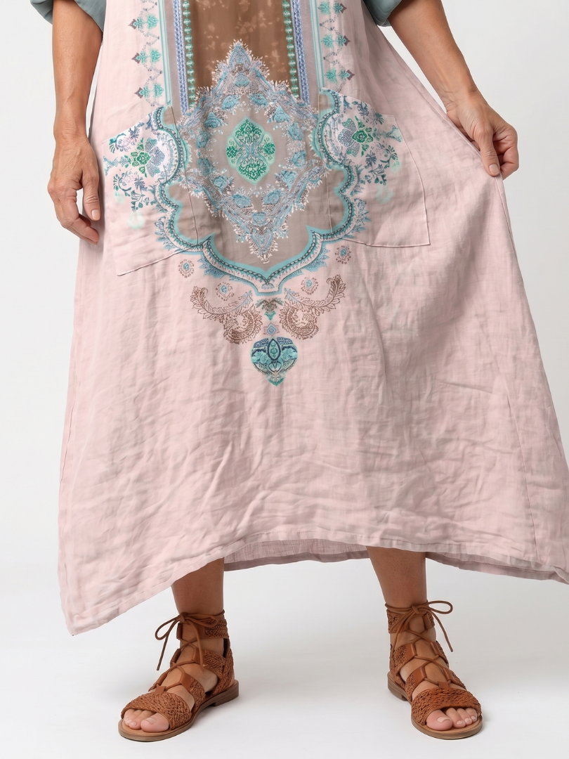 Kenza | Robe Midi Détente avec Panneaux Brodés et Poches