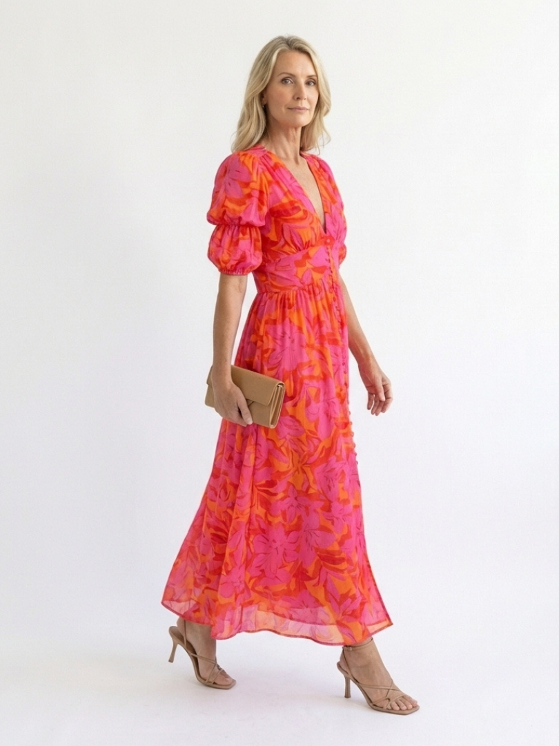 Willow | Robe Midi à Manches Bouffantes Fleurie en V